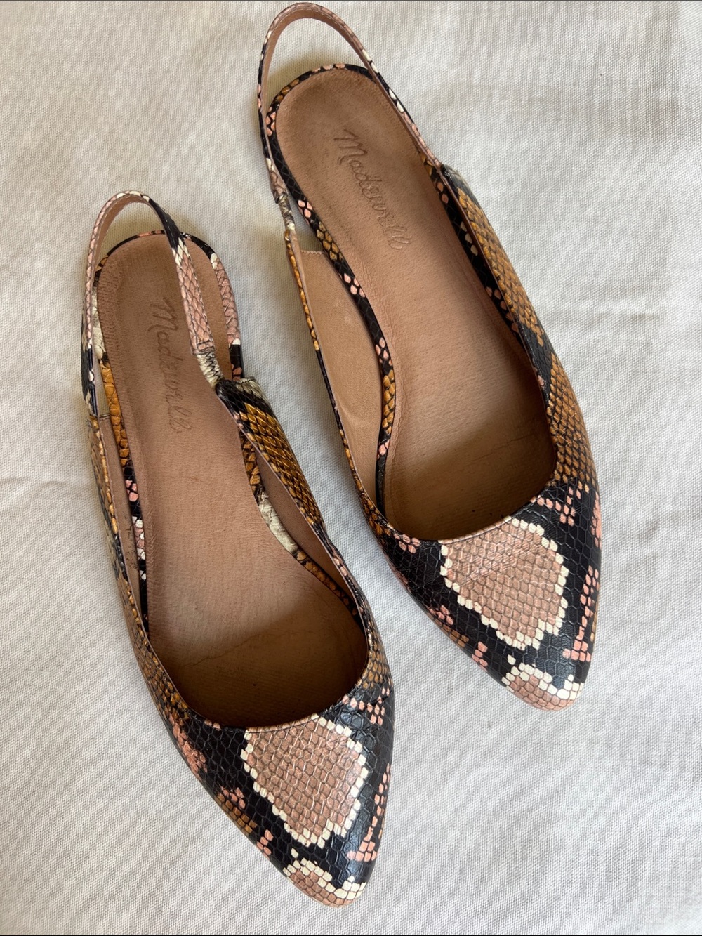 Snake Print Pointed Slingback Flats - Brown black cream